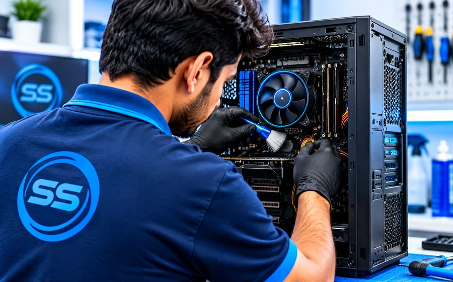 Technician cleaning desktop computer hardware for maintenance service in Chennai