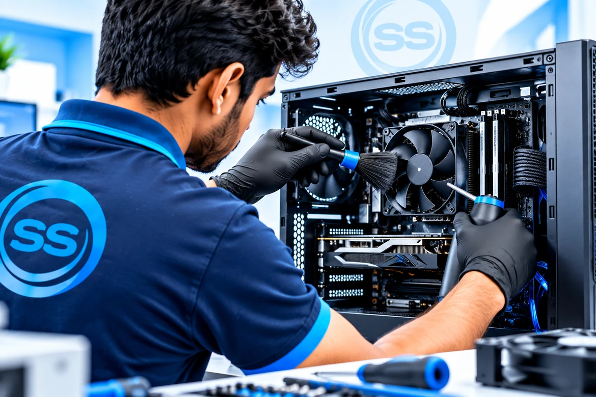 SS Computers technician cleaning and repairing a desktop computer in Chennai
