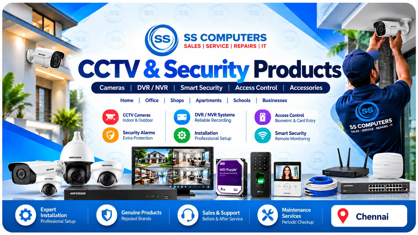 SS Computers CCTV and Security Products: cameras, DVR NVR, access control, professional installation and maintenance in Chennai