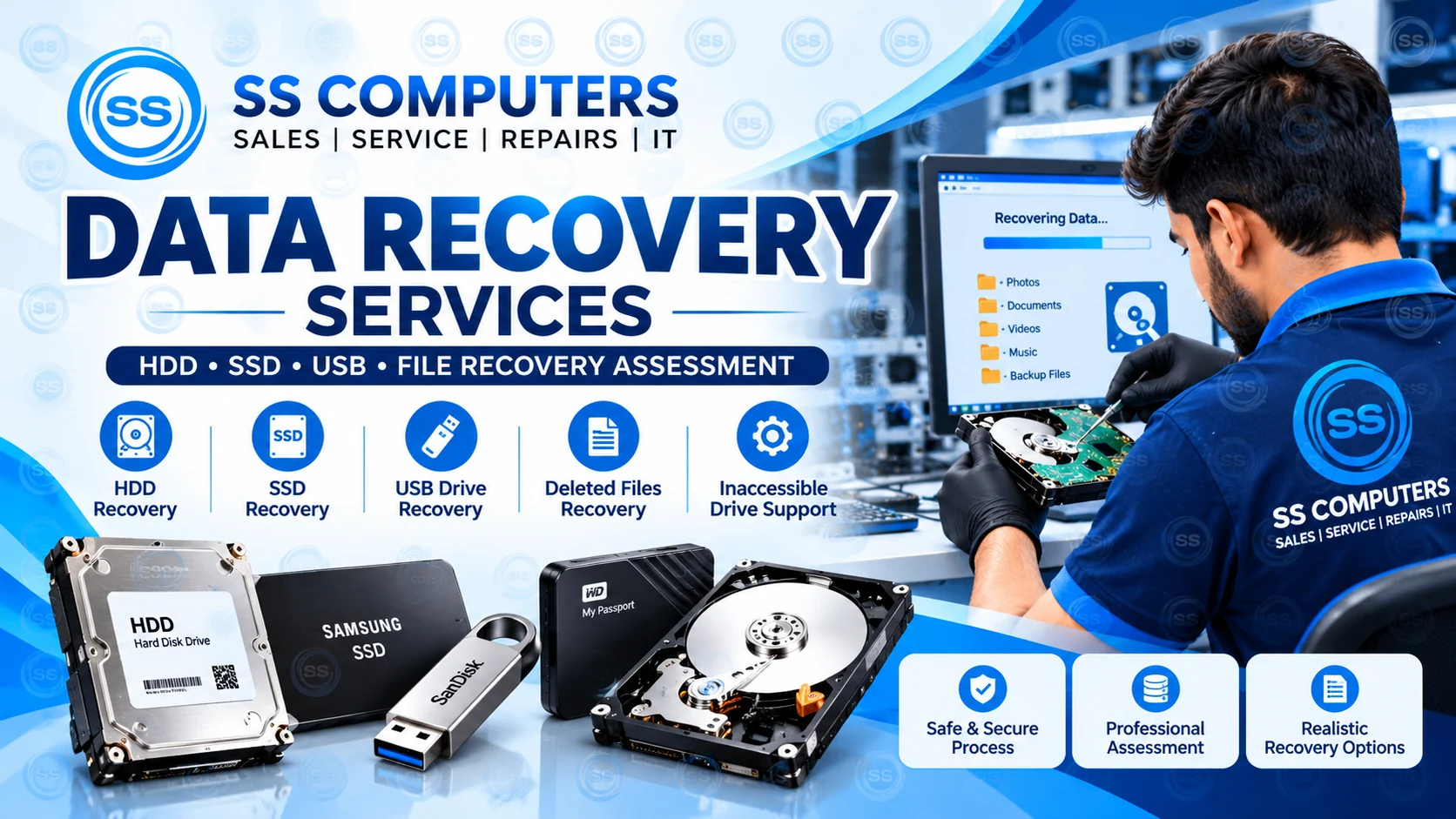 SS Computers Data Recovery Services banner for HDD, SSD, USB and file recovery assessment