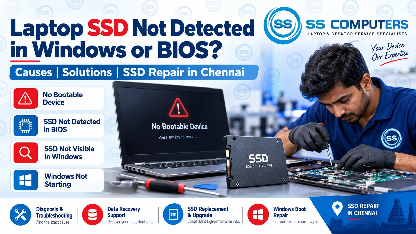 Laptop SSD Not Detected in Windows or BIOS – Causes, Solutions & SSD Repair in Chennai