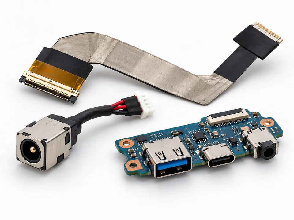 Laptop charging DC jack, display ribbon cable and USB I O daughterboard