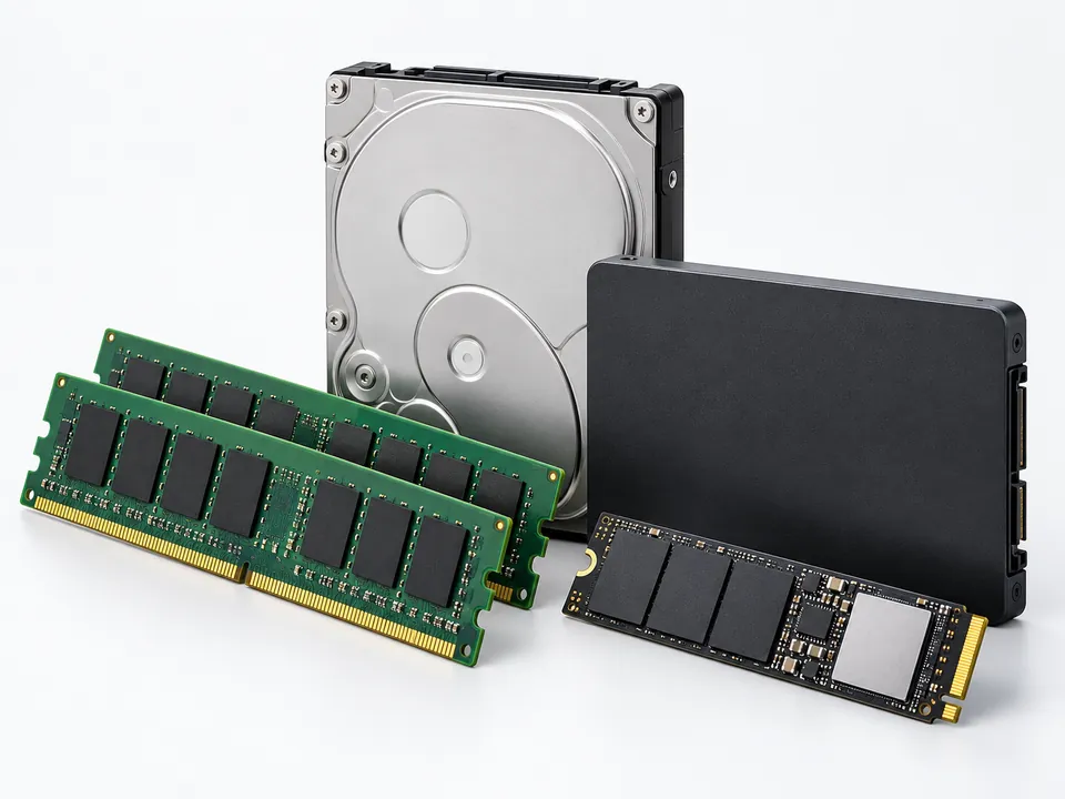 RAM modules, hard disk and solid-state drives used in computer storage upgrades